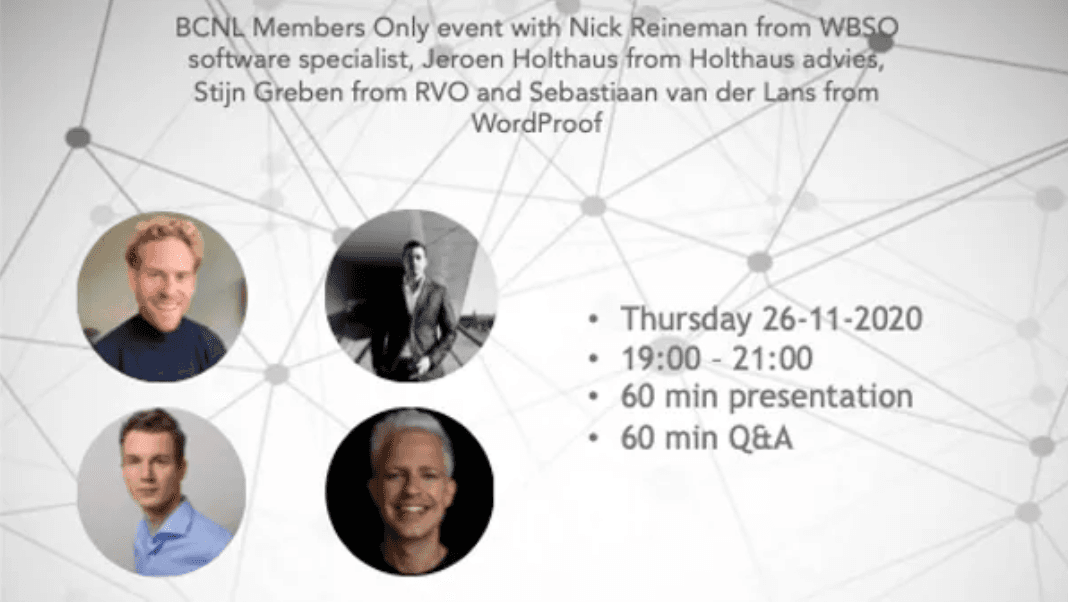 BCNL Members Only event with Nick Reineman from WBSO software specialist, Jeroen Holthaus from Holthaus advies, Stijn Greben from RVO and Sebastiaan van der Lans from WordProof.