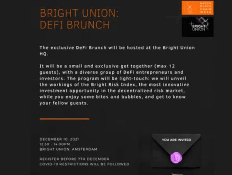 In honor of the Dutch Blockchain week, Bright Union cordially invites you to an exclusive DeFi Brunch on Friday 10th December at the Bright Union HQ.